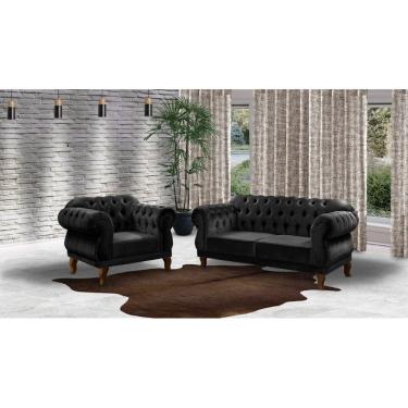 Imagem de Conjunto 1 Sofá 2 lugares 1,80cm + 2 Poltronas Chesterfield Elisabeth Veludo preto