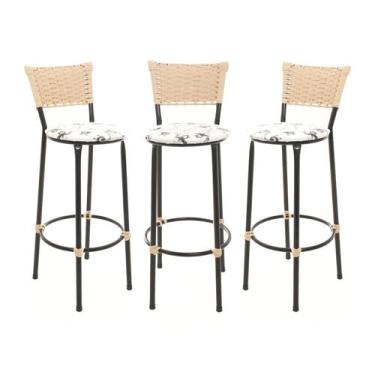 Imagem de KIT 3 Banquetas Tricô Náutico BEGE Alta Bancada Balcão Cozinha Area de