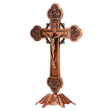 Imagem de Diydeg Crucifixo Em pé, 7.9in Jesus Cruz Com Base para Casa Mesa Decor, Crucifixo de Ouro Em pé Cruz Católica Casamento Altar Religiosos Presentes Wall Art Ornamento para Mesa (Cobre Vermelho)