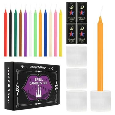 Imagem de Orientrea 48 velas cônicas coloridas com 4 castiçais de selenita, 16 cm de altura e 1,3 cm de diâmetro - Kit de velas de bruxa para rituais, feitiços, meditação, cura energética, Wicca e decoração de