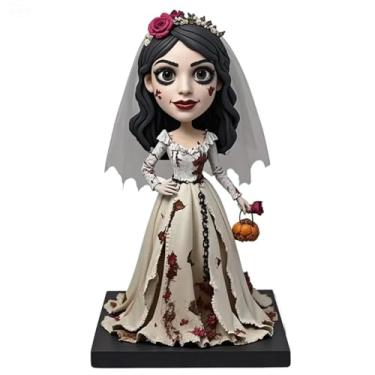 Imagem de Macabra Bloody Ghost Bride Bobblehead com balde de abóbora - Presente personalizado com tema de terror para colecionadores de decoração assustadora e exibições de Halloween