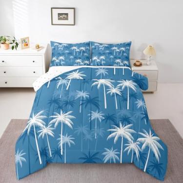 Imagem de jejeloiu Conjunto de edredom casal com estampa de palmeira, folhas tropicais, para meninos, meninas, adolescentes, azul, verão, natureza, edredom