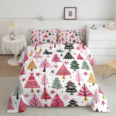 Imagem de Manfei Conjunto de edredom Queen com desenho animado de pinheiros, 3 peças, princesa, rosa, verde, árvores de Natal, lindo conjunto de cama estrelado, estilo grafite à mão, presentes de Natal