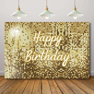 Imagem de Rcoaror Pano de fundo de feliz aniversário de lantejoulas douradas para fotografia feminina e meninas, fundo quadrado flash para festa de aniversário, amarelo, 30, 40, 50, 60, 70, 80 anos, faixa de