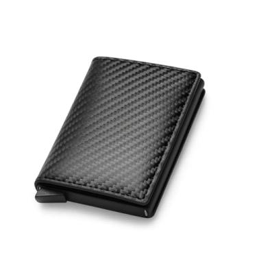 Imagem de Carteira Masculina Slim Porta Cartões com Proteção RFID – Ejeção Automática Pop-Up, Couro Sintético Preto Premium, Fina, Segura e Compacta para 6 Cartões e Dinheiro