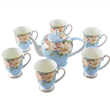 Imagem de Conjunto de chá Bone China Xícaras de chá rosa com 6 xícaras de chá canecas de café de grande capacidade para chá da tarde e café, azul (azul) (rosa) (azul)