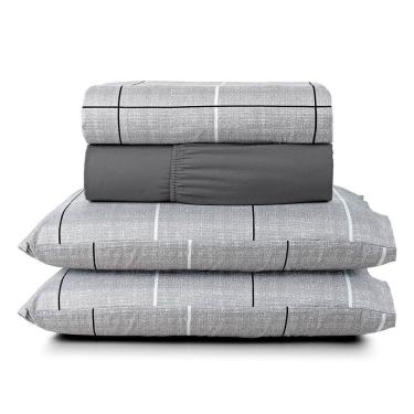 Imagem de Jogo Cama Lençol Celi Casal Padrão Estampado Micropercal 200 Fios 4 Peças Xadrez Grid Cinza