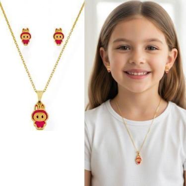 Imagem de Kit Colar e Brincos Infantil com Pingente Labubu Stitch Folheado Ouro 