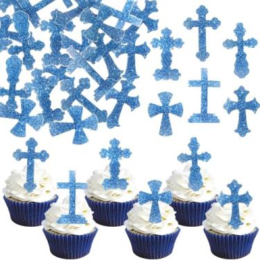 Imagem de 60 Pack Edible God Bless Religious Cupcake Toppers Faith Cake Toppers Rice Paper Wafer Paper Cupcake Picks for First Holy Communion Cross Baptism Baby Shower Kids Birthday Cake Decorations Blue