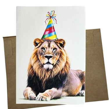 Imagem de Whitman and Daughter Cartão de aniversário de leão festivo, papel de feltro texturizado branco, 12 x 18 cm, envelope Kraft premium, em branco dentro, feito nos EUA - 1280