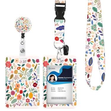 Imagem de Porta-crachá de identificação com cordão retrátil e chaveiro, carretel de crachá com mosquetão giratório, flores coloridas, etiqueta de nome, cordão, protetor de identidade, clipes para estudantes