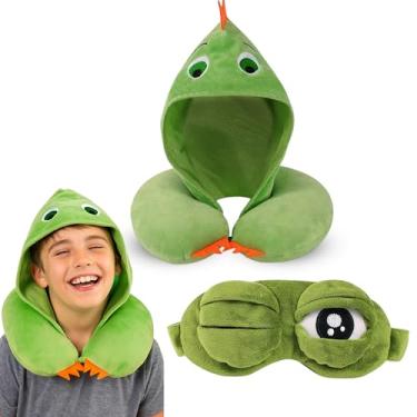 Imagem de Travesseiro com capuz e máscara para os olhos para crianças - Suporte de pescoço para viagem, conjunto macio e confortável para crianças, design verde fofo, descanso aconchegante em qualquer lugar 21