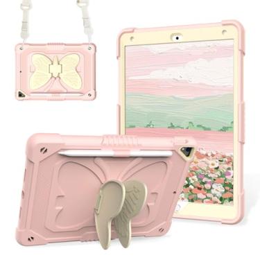 Imagem de ICEELEC Capa para iPad 9ª geração de 10,2 polegadas para crianças com suporte de borboleta, alça de ombro, suporte de lápis, capa robusta para iPad 9ª 8ª geração 2021 2020 2019, rosa