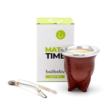 Imagem de BALIBETOV Cabaça de erva mate feita à mão embrulhada em couro (copo de casal) com Bombilla (palha de erva mate) (marrom 01)