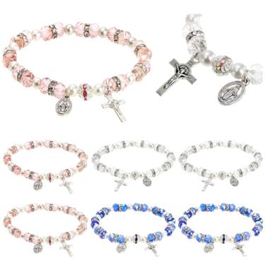 Imagem de Coloch Pacote com 6 pulseiras femininas com contas de rosário, pulseira de cruz de cristal com crucifixo e medalha milagrosa, 3 cores, Adjustable for most sizes, Acrílico, falso