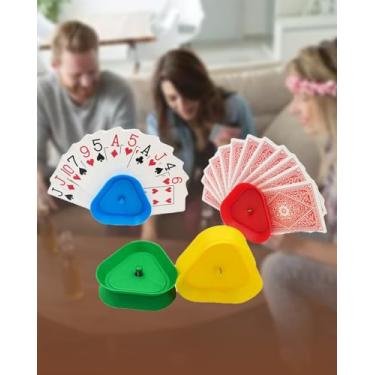 Imagem de Pacote com 4 porta-cartões de jogo mãos livres, bandeja de plástico em forma de triângulo para pôquer, noites em família e festas - 4 cores
