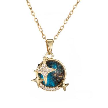 Imagem de Colar feminino estilo céu estrelado e lua estrelada com pingente moderno, corrente que não desbota, acessórios de joias presentes para mulheres, 40cm-45cm, Aço inoxidável, Sem Pedra Preciosa