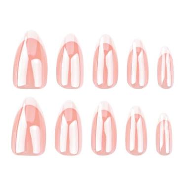 Imagem de Curto de unha prensado de amêndoa, ponta de unha falsa rosa quente, design cromado, pontas francesas brancas com mini lixa de cola de gelatina, 30 peças