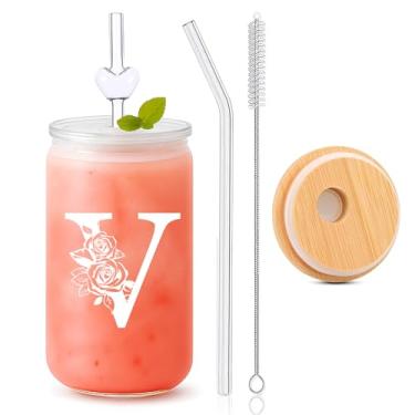 Imagem de DAMCONME Copos personalizados para mulheres – Copo de vidro monograma de 473 ml com tampa e canudo – Copos personalizados com nomes, presente de aniversário personalizado para ela, colega de trabalho