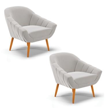 Imagem de Kit 02 Poltronas Giovana Veludo Cinza Pés Palito Castanho - D'Rossi