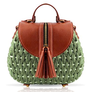 Imagem de QTKJ Bolsa de palha, bolsa de praia para mulheres, bolsa oval rígida tecida à mão, alça de ombro de couro ajustável, bolsas de designer adequadas para férias e viagens de trabalho (verde), Caqui