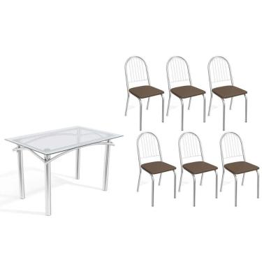 Imagem de Conjunto: Mesa Sala Jantar Elba C- Tampo De Vidro 120cm E 6 Cadeiras Noruega Cromada - Courano Marrom - Kappesberg