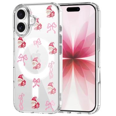 Imagem de OFQKOAKS Capa para iPhone 16, compatível com MagSafe, linda capa magnética de Natal com laço de Papai Noel, capa protetora transparente e macia para mulheres e meninas