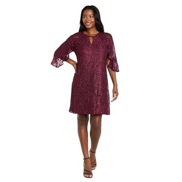 Imagem de R&M Richards Vestido feminino de renda brilhante evasê com mangas de babados e detalhe de fechadura - elegante vestido de coquetel na altura do joelho, Vinho, 50
