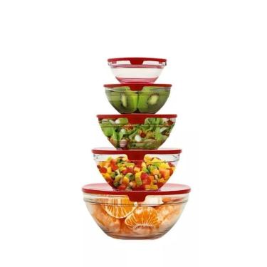 Imagem de Kit 5 Potes De Vidro Redondos Com Tampa Plástica Conjunto De Tigelas Vidro Com Tampa