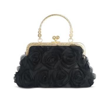 Imagem de Nefokfdus Bolsa feminina de renda floral 3D para noite bolsa de ombro com alça de corrente para casamento, festa, formatura, Preto