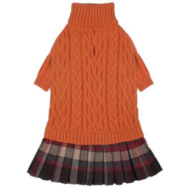 Imagem de IECOii Vestido suéter feminino de tricô para cães pequenos - laranja, médio, pulôver de gola rolê com saia xadrez tartan, adorável vestido de malha quente para o Natal