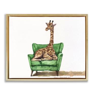 Imagem de Stupell Industries Linda girafa na cadeira verde marrom moldura flutuante arte de parede em tela, design por George Dyachenko, 25 x 31