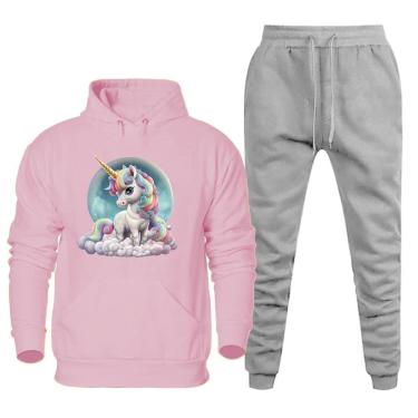 Imagem de Conjunto de Moletom Canguru Plus Size Feminino Blusa Estampa Unicornio Com Calça Jogger Basica