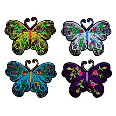 Imagem de ClickEmb 4 cores borboleta bordado ferro no remendo decorativo aplique reparar borboleta azul patch camiseta jeans jaqueta roupas DIY (cor A)