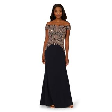 Imagem de Adrianna Papell Vestido longo de crepe com contas, Meia-noite/ouro rosa, 38