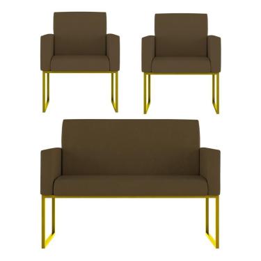 Imagem de Kit Poltronas Namoradeira Recepção Base Dourada Marrom