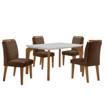 Imagem de Conjunto Mesa Liz 120cm Com 4 Cadeiras Athenas Moderna Veludo Marrom Off White Imbuia