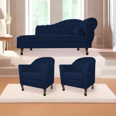 Imagem de Kit Diva 140Cm Lado Esquerdo E 02 Poltronas Julia Suede - Doce Sonho Móveis Azul Marinho