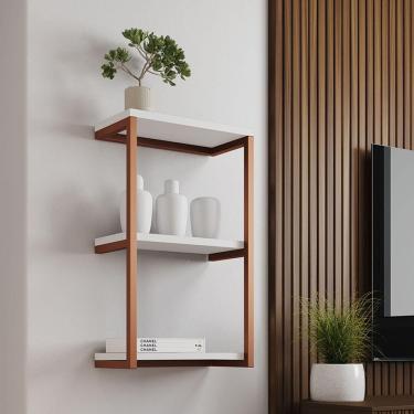 Imagem de Nicho De Parede Industrial Para Quarto 3 Prateleiras Milão - Cobre E Branco - Preto