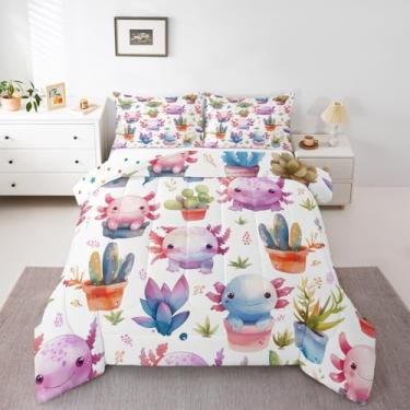 Imagem de Conjunto de edredom com desenho animado de axolotl, animais marinhos náuticos, plantas, folhas botânicas, lençol com estampa de criatura do oceano azul, para crianças, meninas, meninos, edredom fofo
