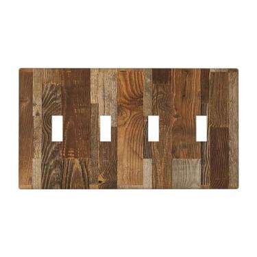 Imagem de Nadoabtm Placa de cobertura de interruptor de luz rústica marrom grão de madeira 4 gangues placa de parede com interruptor quádruplo capa decorativa para decoração de cabine de fazenda
