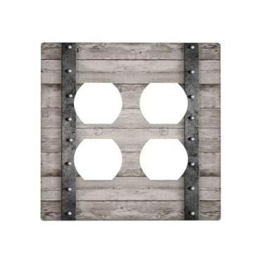 Imagem de DWBGUO Capas de tomada decorativas com barril de madeira de carvalho cinza vintage com design de faixas de ferro, placa de parede de 2 grupos, receptáculo duplex duplo, capa de interruptor de luz para