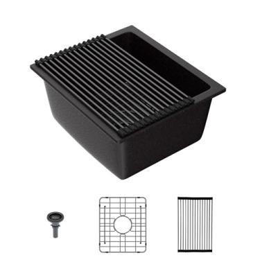 Imagem de Lordear Pia de cozinha composta de granito preto de 38 cm x 45,7 cm (15 x 18") preto fosco sob bancada pia de tigela única com acessórios pretos