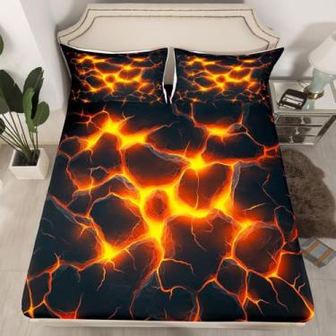 Imagem de Lençol Queen com elástico geométrico, arte abstrata, 3D, realista, chama macia (1 lençol com elástico + 1 fronha), capa de colchão respirável magma