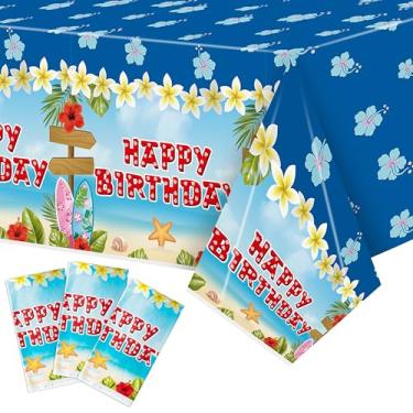 Imagem de BHronony Capas de toalha de mesa decorativas Havaí – 3 peças de toalhas de mesa temáticas de desenho animado, capas retangulares descartáveis de plástico havaiano luau à prova d'água para aniversário,