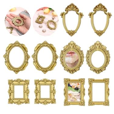 Imagem de Sibba Porta-retrato vintage de resina, 10 peças, mini ouro barroco pequeno ornamentos antigos de mesa, exibição de joias, oval retangular para pendurar na parede, suporte para fotografia para