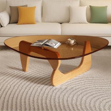 Imagem de Mesa de centro de vidro moderna para sala de estar, mesa de centro pequena de meados do século, mesas de centro elegantes, adequada para quarto, sala de estar, recepção, escritório, mesa (madeira