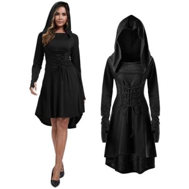 Imagem de NFAUEIK Fantasia feminina renascentista com capuz com cadarço Halloween medieval alto baixo longo moletom com capuz (preto, GG)