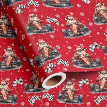Imagem de Altarho Rolo de papel de embrulho de Natal de carro de corrida - Papel de embrulho vermelho de Natal com design de carro de corrida para celebração de aniversário, decoração de feriado, total de 28,5
