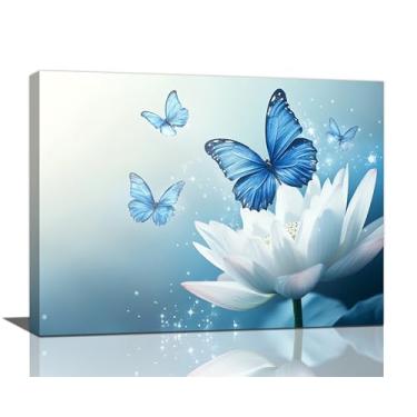Imagem de Trimety Arte de parede de banheiro borboleta Lotus Zen decoração de parede meditação espiritual tela azul pôster imagens sinal decoração de casa impressão pintura arte para spa yoga sala de estar